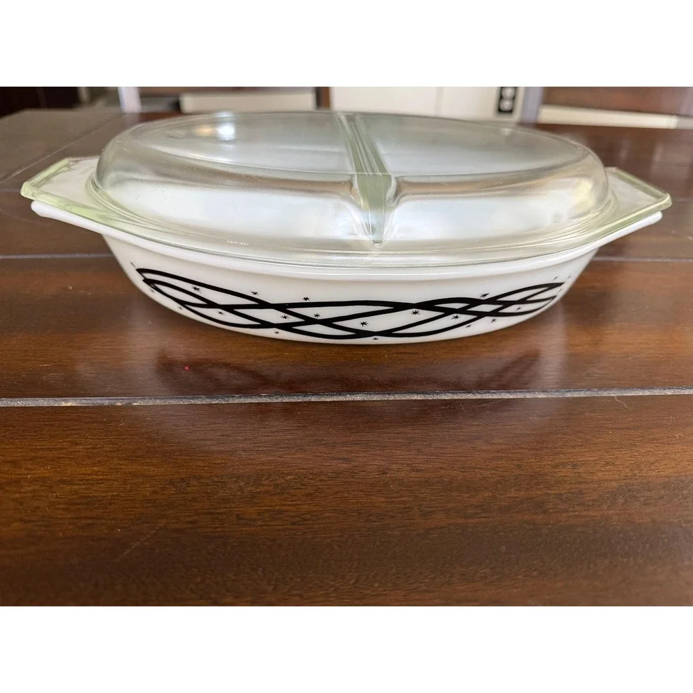 VTG MCM Rare Pyrex Stars & Barbed Wire Divided Oval Casserole Dish & Lid